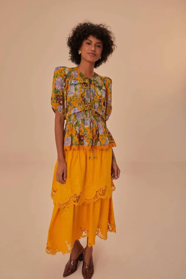 Yellow Mustard Tiered Lace Midi Skirt Women Farm Rio Skirts