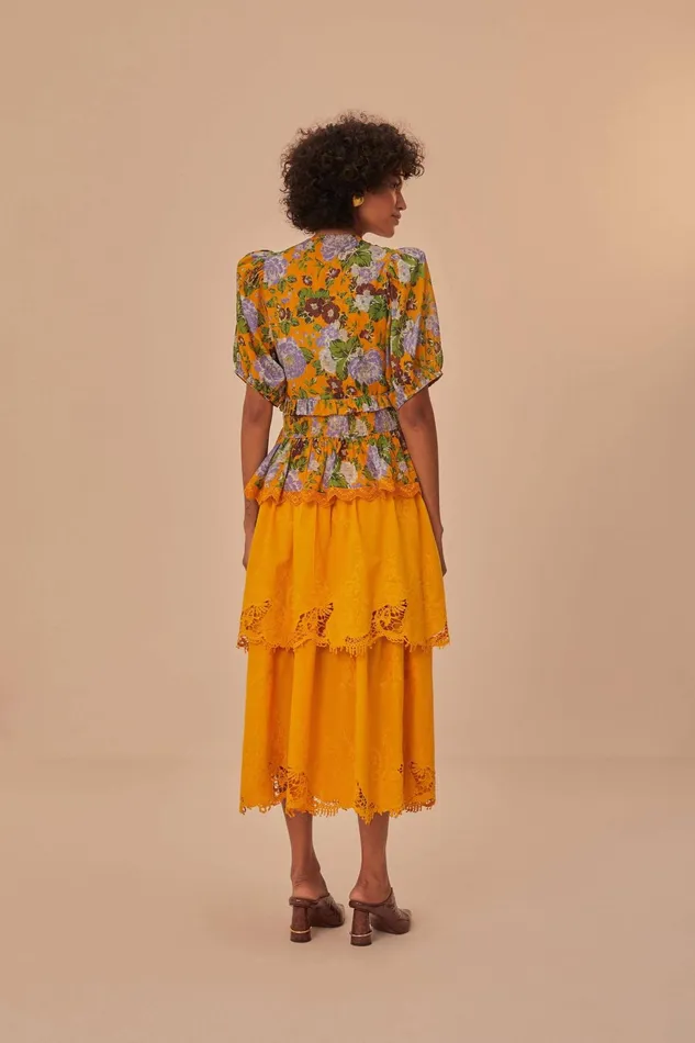 Yellow Mustard Tiered Lace Midi Skirt Women Farm Rio Skirts